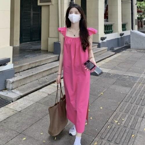 Summer Dress Sweet Flying Sleeve Solid Loose Maxi Dresses for Women Casual Square Collar Split Fork Plus Size Beach Dress