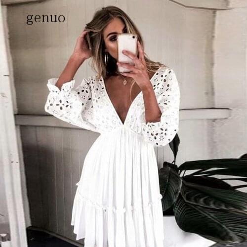 Summer Dress 2020 Bohomian Women Embroidery Mini Dress Half Sleeve Sexy Backless Cotton White Dress Lace Tunic Short Beach Dress