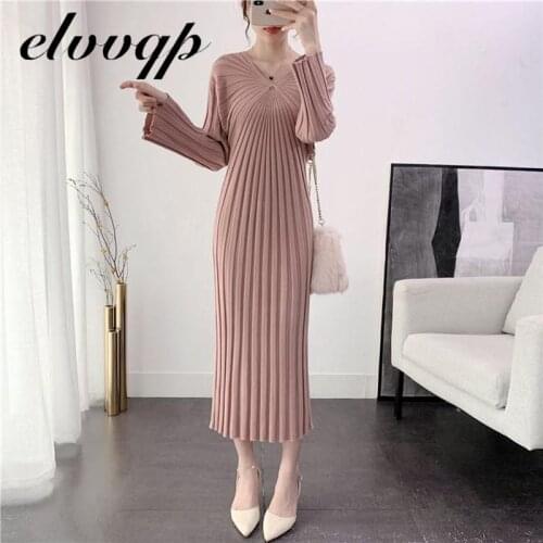 Womens Spring Knitted Maxi Dress Autumn Sexy V-neck Pleated Dresses Femme Robe Solid Elegant Office Work Dress Vestidos