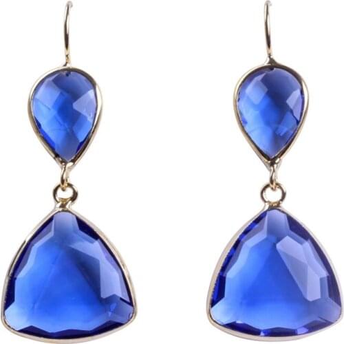 1Pair Fashion Blue Crystal Glass Dangle Earring Faceted Water Drop & Triangle Pendents Women Jewelry Rrtro Antique