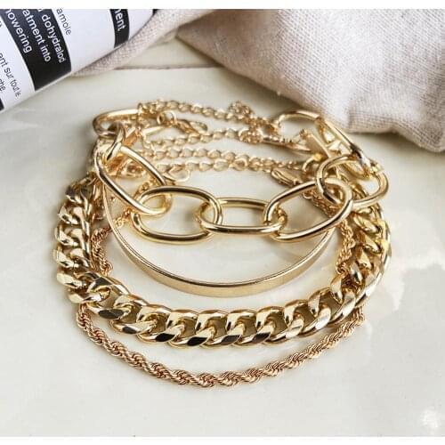 4PCS/Set Punk Multi Layer Chain Thick Chain Bracelet Simple Creative Lightning Moon Open Bracelets Bangle Women Jewelry Gift