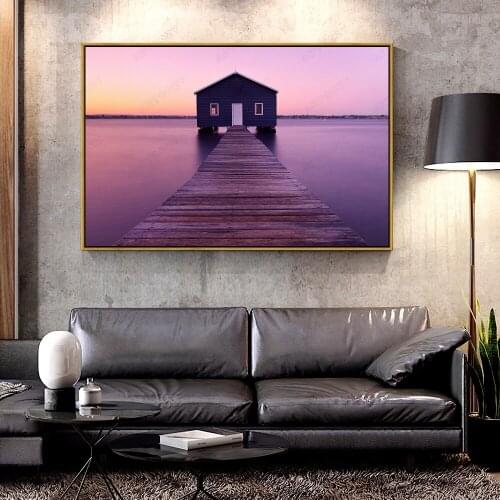 Artcozy Oil Canvas Painting purple sea and bridge For Home Decoration Wall Art