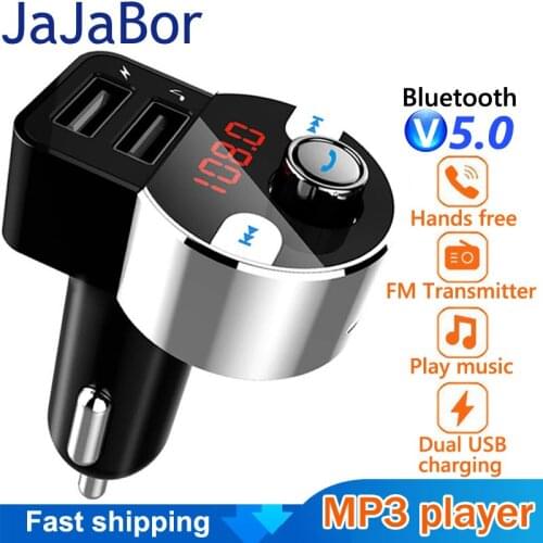 JaJaBor Bluetooth 5.0 Car Kit Handsfree Wireless FM Transmitter Car MP3 Player Dual USB Car Charger Support Voltage Detection