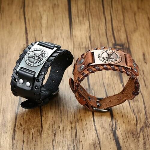 Woven Leather Bracelets for Men Rope Wrapping Special Style Classic Viking Thors Hammer Stainless Steel Double-layer Design