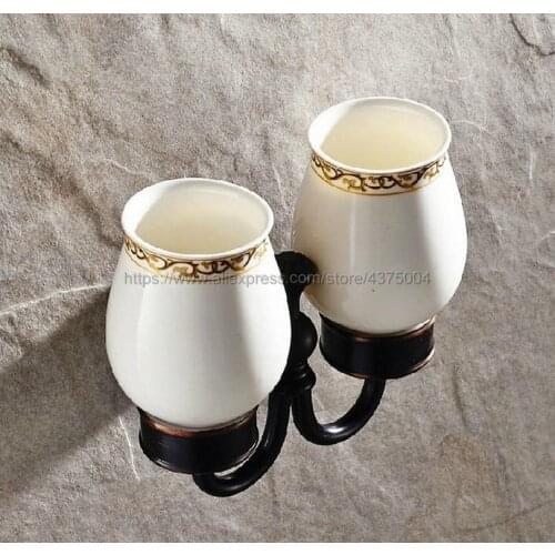 Black Oil Rubbed Bronze Bathroom Accessory Wall Mounted Toothbrush Holder with Two Ceramic Cups Nba472