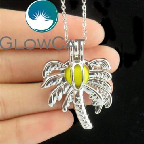 GLOWCAT K594 Creative Coconut Tree Beads Cage Aromatherapy Essential Oil Diffuser Oyster Pearl Cage Locket Necklace