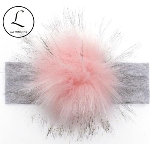 GZHilovingl Raccoon Faux Fur Pompoms Baby Headband Cotton Children Girls Elastic Hair Bands Turban For Girl Toddler Headbands