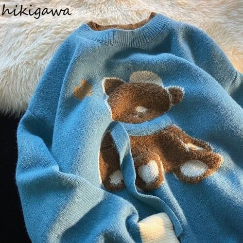 Hikigawa Japanese Woman Sweaters Vintage Knitwear Pullovers Cute Bear Streetwear BF Pull Femme 2021 Loose Casual Jumper 27a891