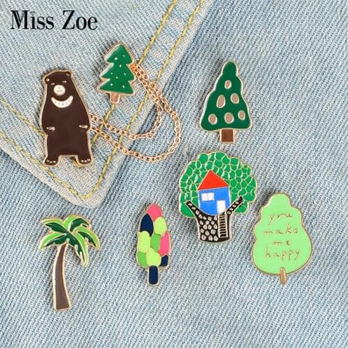 Forest Adventure Enamel Pins Bear Pine Tree Badges Tree House Custom Brooch Bag Clothes Lapel Pin Animal Plant Jewelry