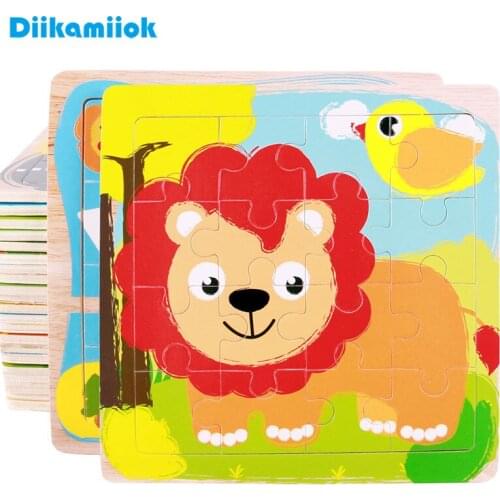 Hot Kids 16 Piece Wooden Jigsaw Puzzle Cartoon Animal Vehicle Wood Toy Intellectual Puzzles Baby Educational Toys for Children