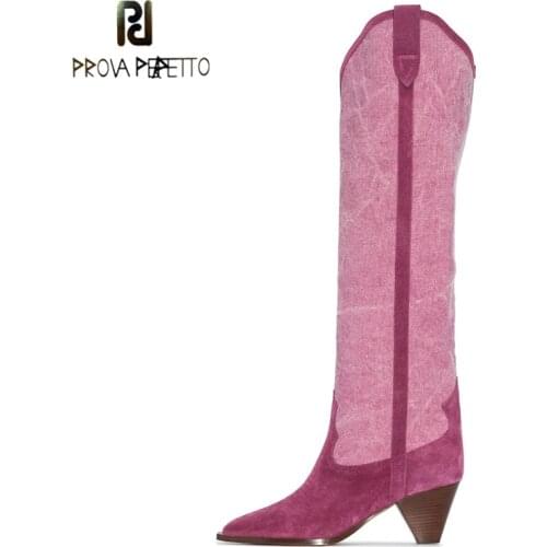 Autumn and Winter Cowhide Embroidered Long Boots Knee-length Pointed Tapered Low-heel Casual Color-blocked Cowboy Womens Boots