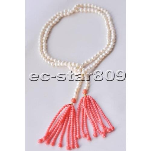 P6646 48" 8mm White Round Freshwater PEARL Pink Coral Tassels Necklace Women Fasion Jewellery