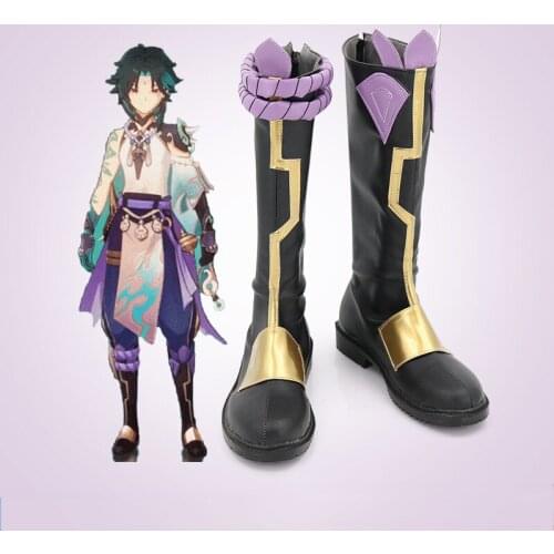Anime Genshin Impact Xiao Cosplay Shoes Wig Cosplay Mixed Dark Green Blue Short Hair Halloween Role Play
