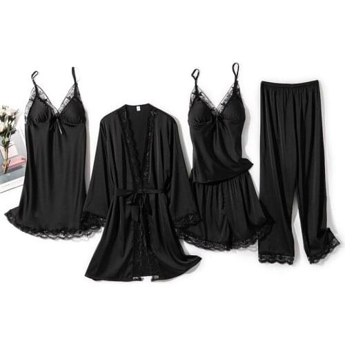 Spring Summer Nightwear Casual Home Wear With Chest Pads 5pcs Pajama Set Women Black Lace Satin Sleepwear Pyjamas