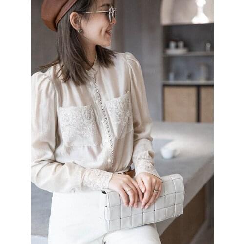 Style French court minority embroidery lace romantic Long Sleeve Chiffon shirt top for womens early spring 2021