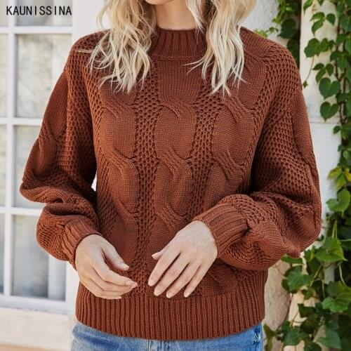 Sweaters Women Autumn Winter Tops Loose Twist Knitted Pullover Long Lantern Sleeve Half Turtleneck Casual Fashion Sweater S-2XL