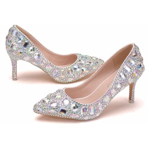 Fashion women thin high heels sexy party shoes women pumps wedding banquet PU Rhinestones Slip On 7.5CM Pointed Toe Shallow