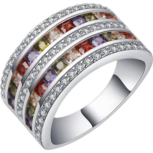 UFOORO Rainbow Zircon Micro Paved White Gold Wide Rings New Colorful Purple Green Red Pink Champagne CZ Woman Wedding Jewelry
