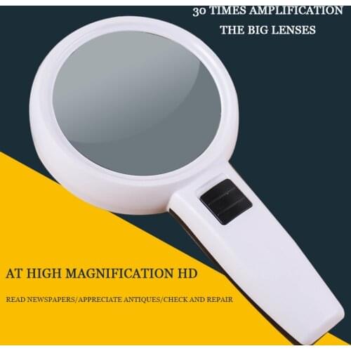 High definition handheld magnifying glass 30x 110mm old people reading 10x with light high power reading newspaper for children