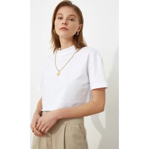 Women White Sheer Neckline Crop Knitted T-Shirt Modern Cut Casual Special Design Multi-Use