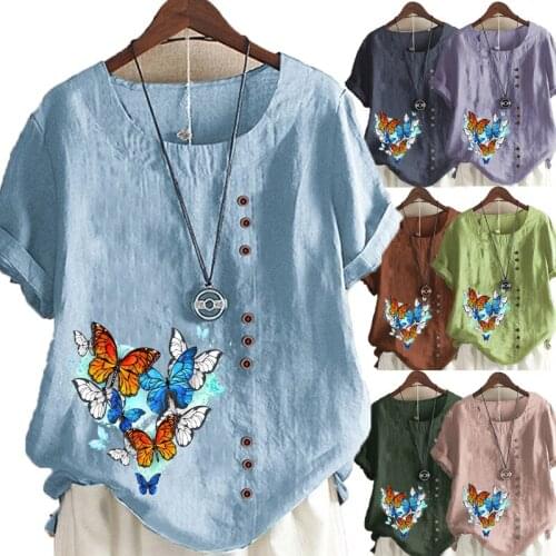 Plus Size Womens Fashion T-shirt Butterfly Printed Short Sleeve Casual Round Neck Blouse Pullover Tops Ladies Summer Fashion