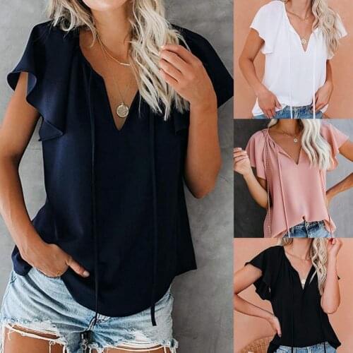 Women Floral Print V Neck Ruffle Short Sleeve Tie Summer T-shirt Streetwear for Party