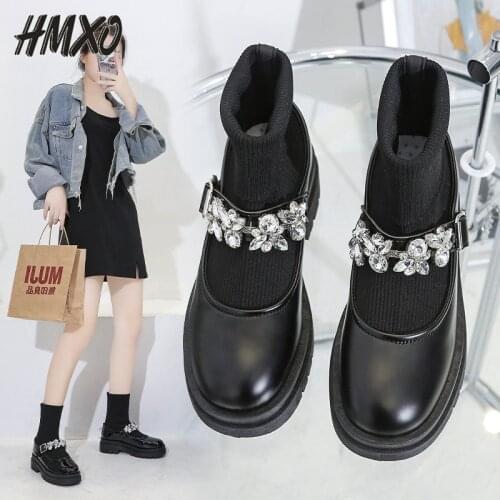 HMXO British Style Leather Shoes Women Wild Short Tube Thick Bottom Retro Rhinestone Soft Leather Martin Boots Jk Shoes Women