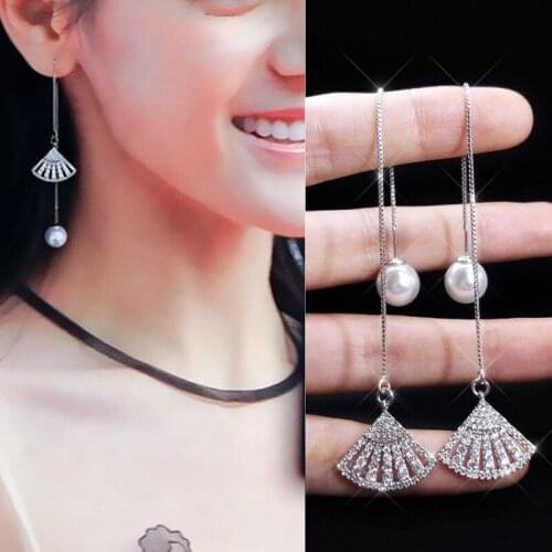 Natural Pearl Drop Earrings For Women 925 Sterling Silver Color A Zircon Diamond Fan Shape Long Tassels Earring jewelry wedding