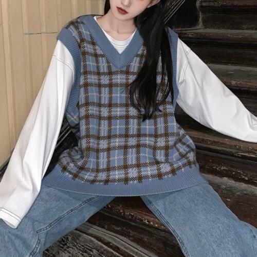 Women Sleeveless Sweater Vintage Plaid V-Neck Knitted Vest Autumn Casual Loose Streetwear Korean Style Jumper Tops Female