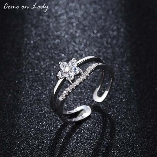 Come on lady Silver Color Plum blossom Star Micro inlay AAAA Zircon Open Cuff Adjustable Finger Rings For Women Bijoux R030