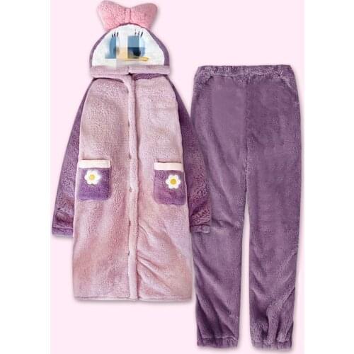 Winter Warm Flannel Pajama Set Womens Fleece Pajamas Nightgown Robe Set Animal Cartoon Sleepwear Cute Nightwear Home Clothing