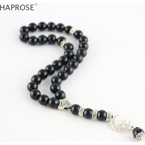 100% Natural Agate 33 Beads Muslim Prayer Bracelet 6-10mm Tasbih Ala Rosary Islamic Black Agate Bracelet Diamond Craft