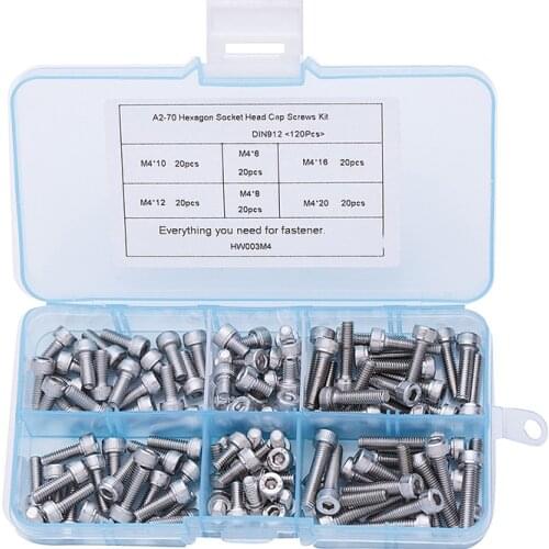 120Pcs/set DIN912 M4 304 Stainless Steel Hexagon Socket Head Cap Screws Furniture Hex Bolts Assortment Kit
