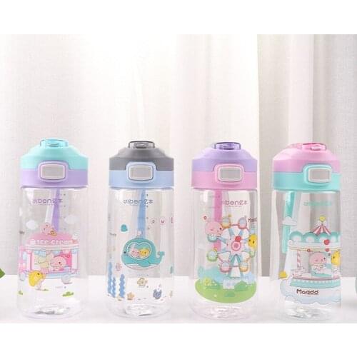 450ml Cute cartoon mushroom childrens plastic cups straw cups rope outdoor travel portable water cups water bottle With Lid