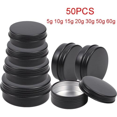 50Pcs 5/10/15/20/30/50/60g Empty Black Aluminum Jars Lip Oil Cosmetic Eye Cream Bottle Refillable Round Candle Spice Tins Cans