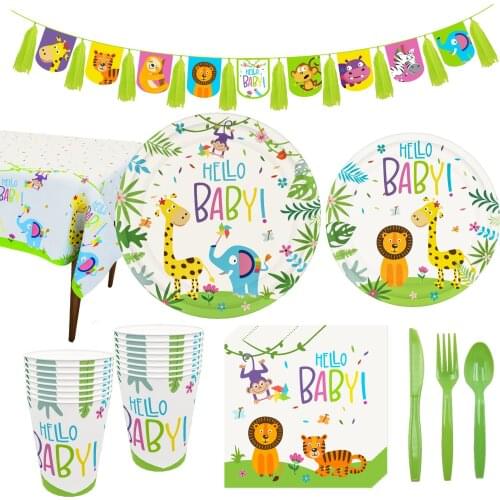 Hello Baby Theme Animals Party Tableware Paper Plate Cup Napkin Banner Tablecloth Baby Shower Kids Birthday Party Decoration