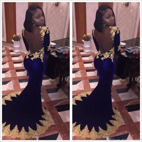 2019 New Black Girls Long Sleeves Velvet Mermaid Prom Dresses Gold Applique Beaded Backless Formal Party Evening gown prom dress