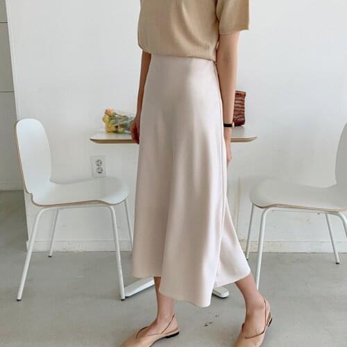 Elegant High Waist Satin Skirt Women Casual A-Line Midi Silk Slim Summer Autumn