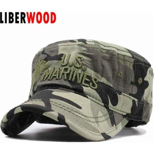 LIBERWOOD United States US Marines Corps Cap Hat USMC Camouflage flat top hat Men cotton hat USA Navy Embroidered hats cap