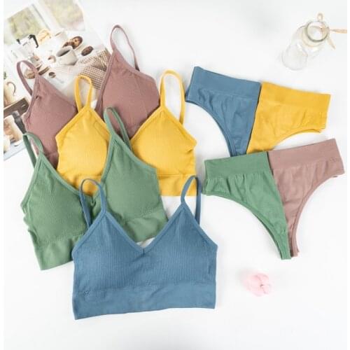 Women Bra Panties Set Push Up Sports Bra Set Sexy G-String Seamless Fitness Crop Top Underwear Active Bra Thong Lingerie Set