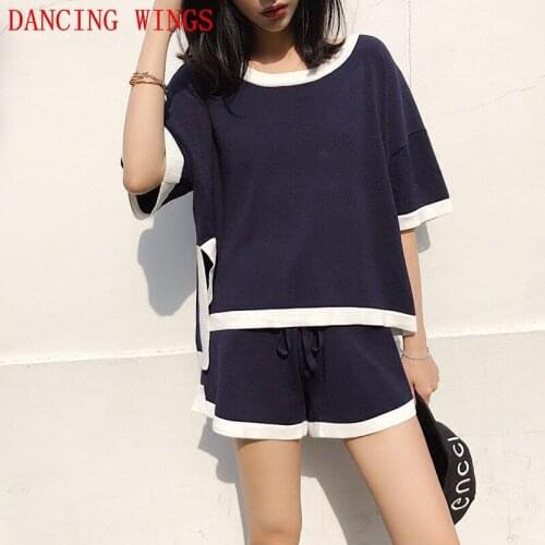 Summer Women 2 Pieces Sets Casual Short Sleeve T Shirt Tops and Elastic Waist Shorts Suit Women