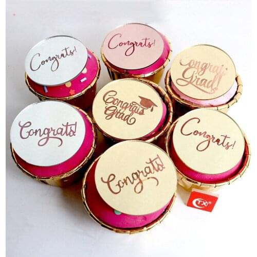 5pcs Mini Acrylic Graduation Season Cupcakes Topper Gold Round Congrats Cake Topper for Student Graduation Party Cake Decoration