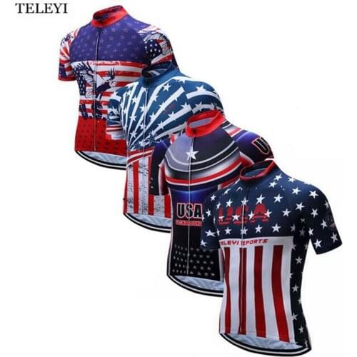 TELEYI Pro Team USA Mens Outdoor Cycling jersey Ropa Ciclismo Bike Short Sleeve Shirt Clothing Tops Bicycle Sportwear XS-4XL