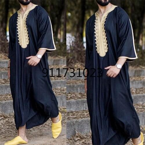 Men 2021 Eid Ramadan Abaya Dubai Kaftan Pakistan Spring Autumn Casual Loose Robe Muslim Fashion Vintage Stripe Islamic Clothing