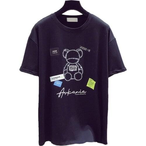 New Summer Clothes Korean Loose Short Sleeve Women T Shirt Student Cotton Hot Drill Cartoon Bear Harajuku Brand Tees Tops Female