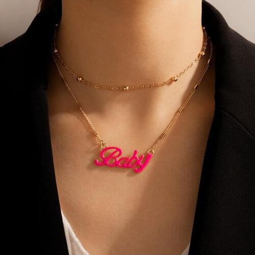 New Double Gold Link Chain Baby Letter Necklaces for Women Lady Beads Statement Chokr Necklace Party Jewelry Valentines Day