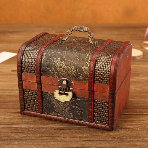 European Royal Retro Wood Jewelry Organizer Handmade Flower Pattern Printing Jewelry Storage Box Treasure Case with Lock Jewelry