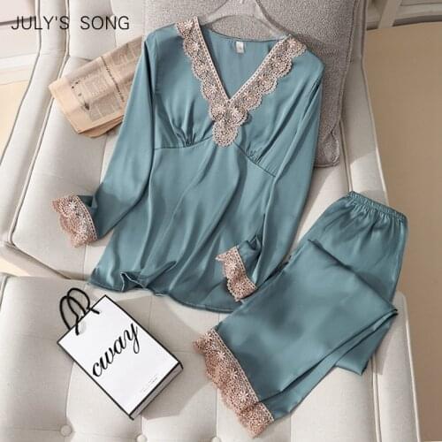 JULYS SONG New Pajamas Set Woman Pajamas Sexy Lace Spring Summer Sleepwear Satin Faux Silk 2 Pieces Casual Female Homewear