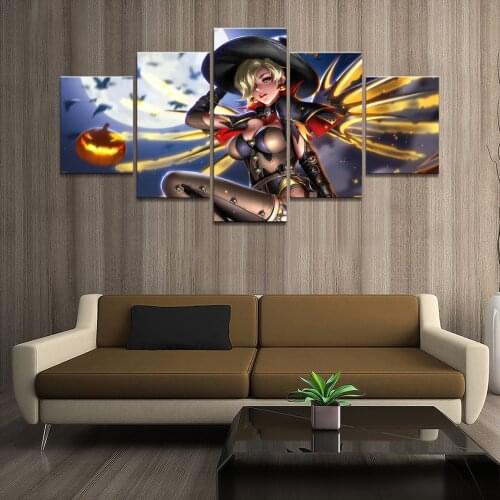 Home Decor Poster Art Pictures Prints Canvas 5 Piece Modular Pumpkin Mercy Overwatch Game Living Room Decorative Painting Framed