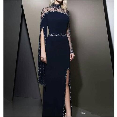 2020 Formal High Neck Navy Blue Evening Dresses kaftan Beaded Long sleeve Party gowns Modest robe de soiree Split Prom Dress